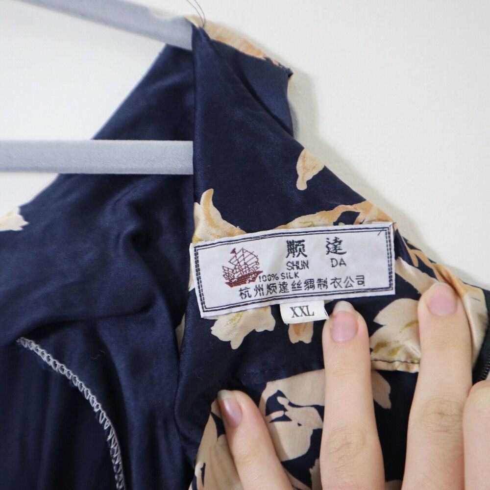 Shun Da Chinese 100% Silk Floral Printed Midi Dress Navy Blue Cream - Picture 12 of 12